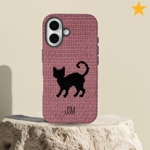 Cute Crochet Black Cat Custom Initials Monogram iPhone 16 Case