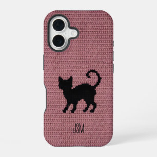 Cute Crochet Black Cat Custom Initials Monogram iPhone 16 Case