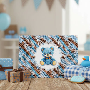 Cute Crochet Teddy Bear Blue and Brown Large Gift Bag
