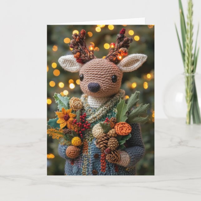 Cute Crocheted Christmas Deer Holiday Card (Front)