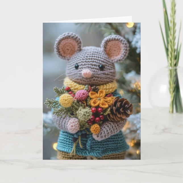 Cute Crocheted Christmas Mouse Holiday Card (Front)