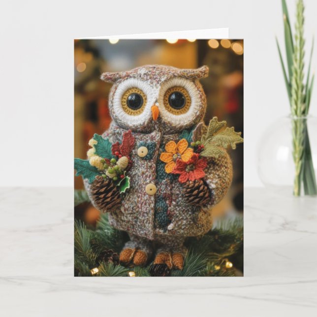Cute Crocheted Christmas Owl Holiday Card (Front)