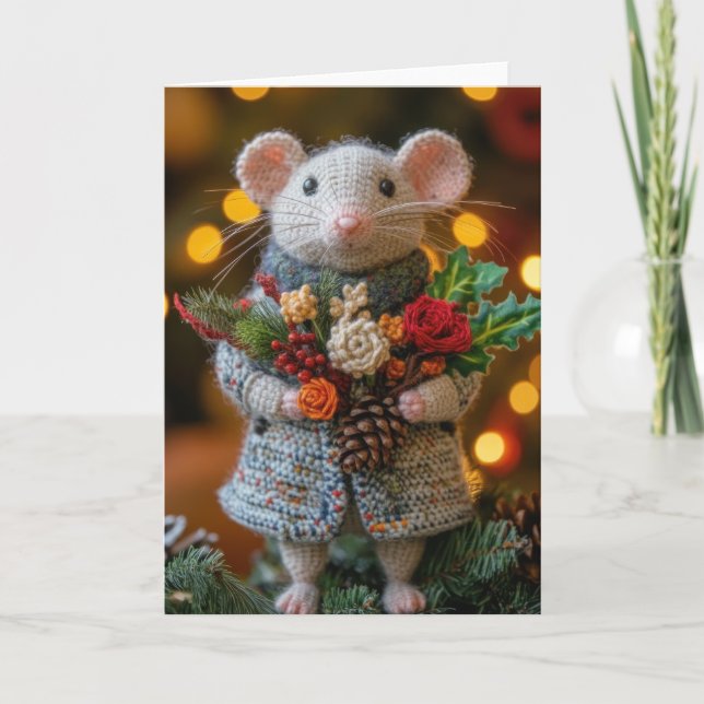 Cute Crocheted Christmas Rat Holiday Card (Front)
