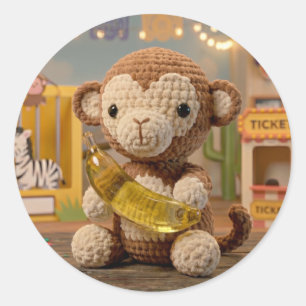 Cute Crocheted Monkey Holding a Banana at the Zoo Classic Round Sticker