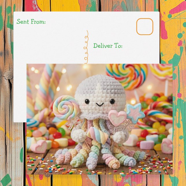 Cute Crocheted Octopus and Candy Land Postcard (Creator Uploaded)