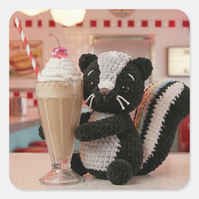 Cute Crocheted Skunk at Retro Diner Square Sticker (Front)