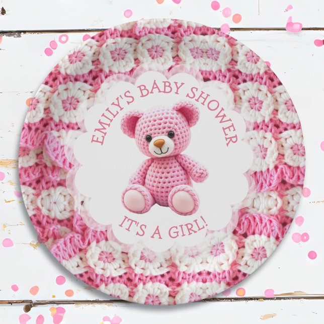 Cute Crocheted Teddy Bear Girl's Baby Shower Paper Plate (Creator Uploaded)