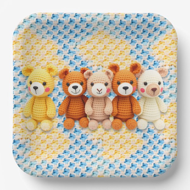 Cute Crocheted Teddy Bears Boy's Baby Shower Paper Plate (Front)