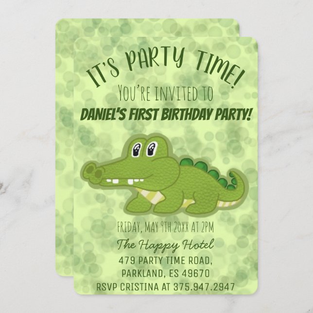 Cute Crocodile Boy Birthday Party Invitation (Front/Back)