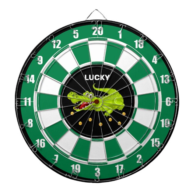 Cute Crocodile & Gold Coins on Black Green & White Dartboard (Front)