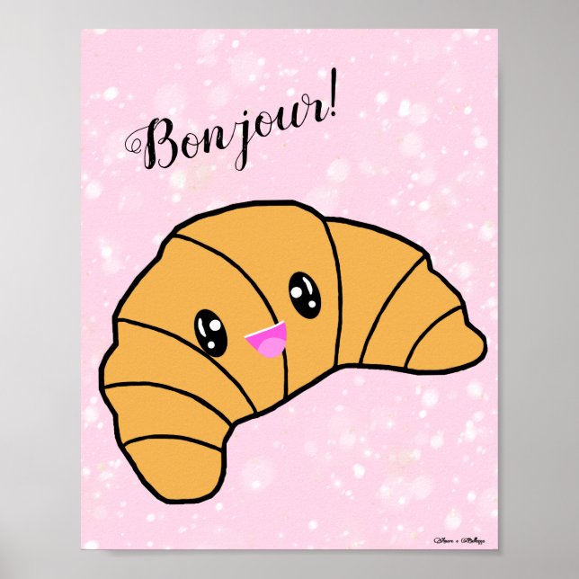 Cute Croissant Bonjour Paris Bakery Cafe Pink Poster (Front)
