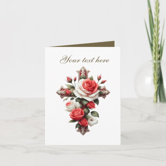 Cute Cross with roses customisable  Card (Front)