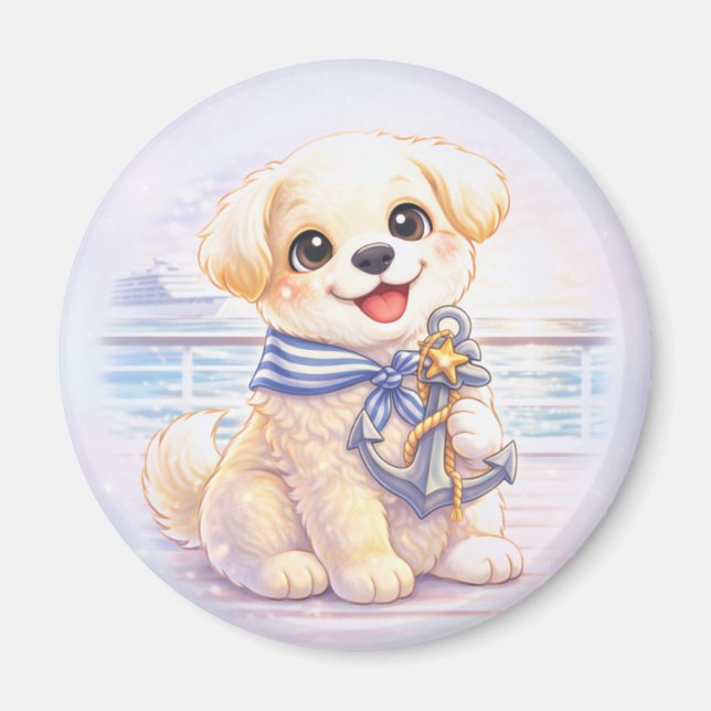Cute Cruise Puppy Anchor Round Magnet (Front)