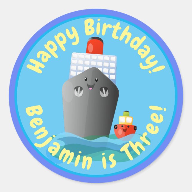 Cute cruise ship tug boat cartoon illustration classic round sticker (Front)