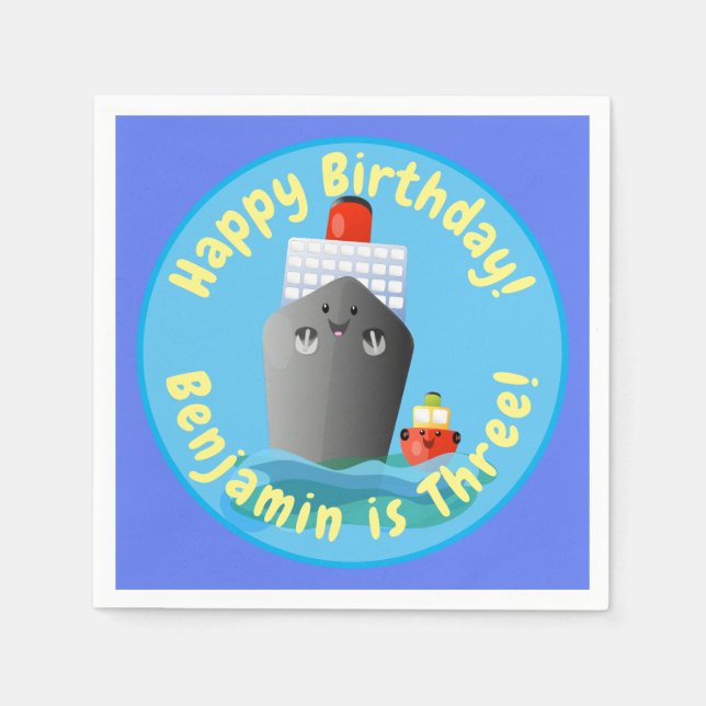 Cute cruise ship tug boat cartoon illustration napkin (Front)