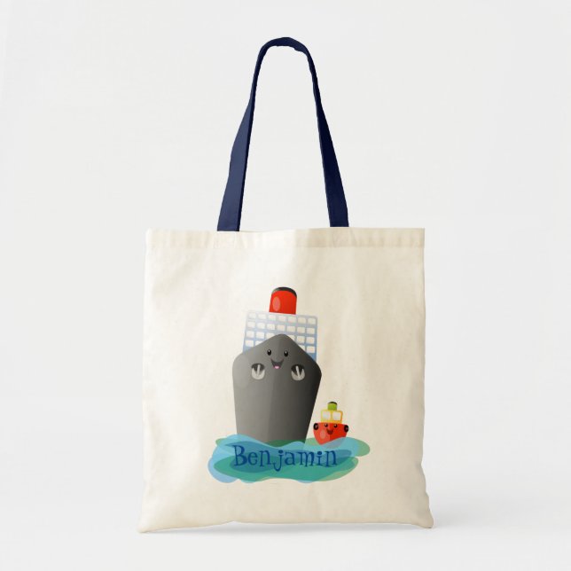 Cute cruise ship tug boat cartoon illustration tote bag (Front)