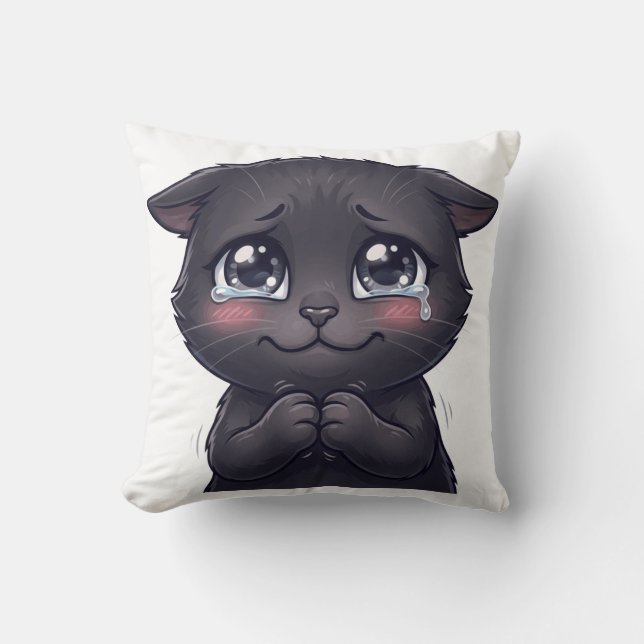 Cute Crying Black Cat Begging Canvas Wall Art Cushion (Front)