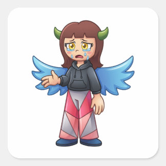 Cute Crying Demon Angel Girl Blue Wings Character Square Sticker
