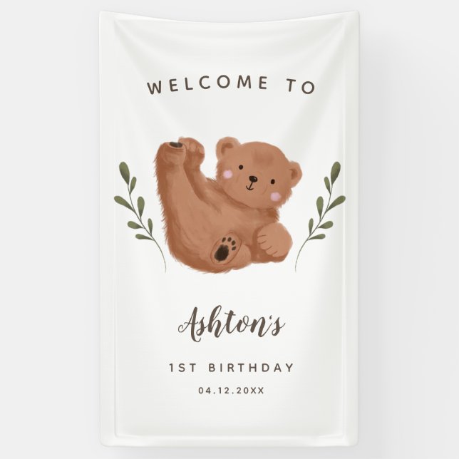Cute Cub Bear Boy Birthday Party Welcome  Banner (Vertical)