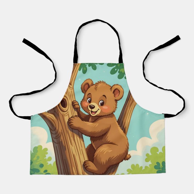 Cute cub bear climbing a tree apron (Front)