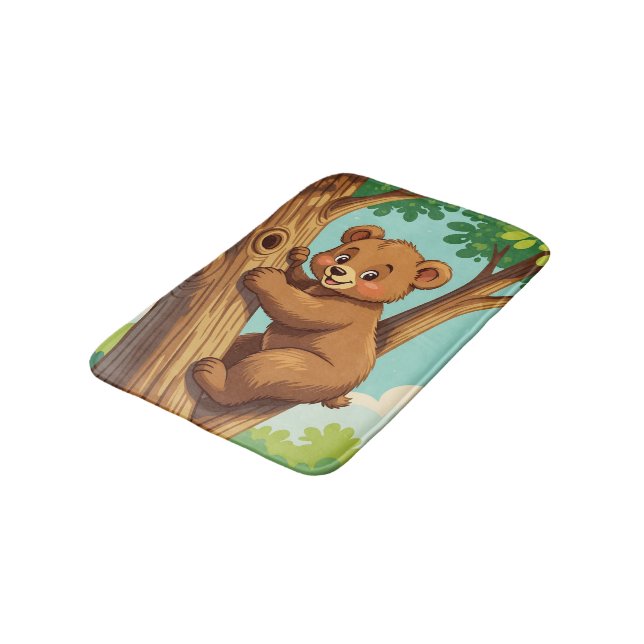 Cute cub bear climbing a tree bath mat (Angled)