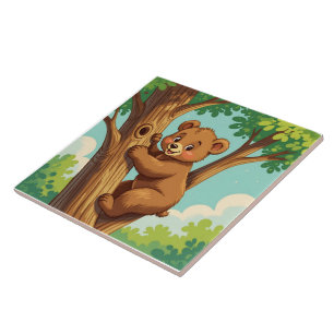 Cute cub bear climbing a tree ceramic tile