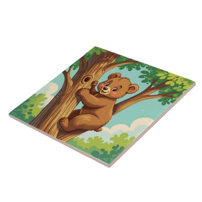 Cute cub bear climbing a tree ceramic tile (Side)