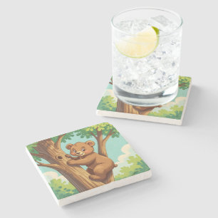 Cute cub bear climbing a tree stone coaster