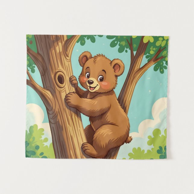 Cute cub bear climbing a tree tapestry (Front (Horizontal))