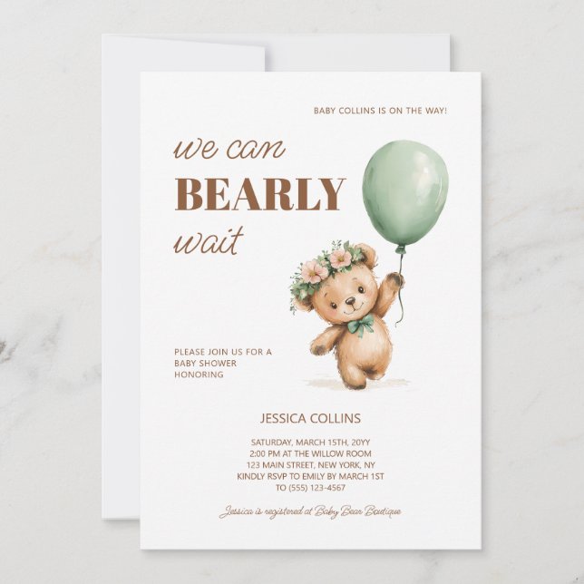 Cute Cub Teddy Bear We Can Bearly Wait Baby Shower Invitation (Front)