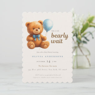Cute Cub We can Bearly Wait Blue Baby Invitation