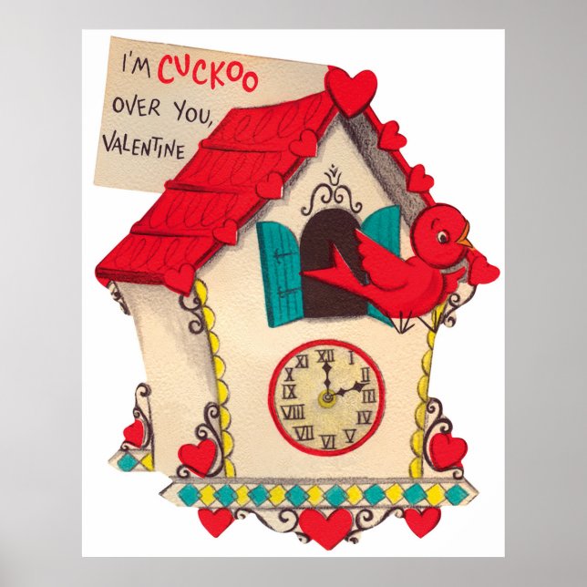 Cute cuckoo clock retro vintage Valentine Poster (Front)