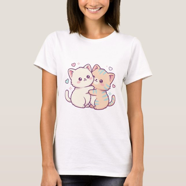 Cute Cuddling Kittens Hugging Hearts T-Shirt (Front)