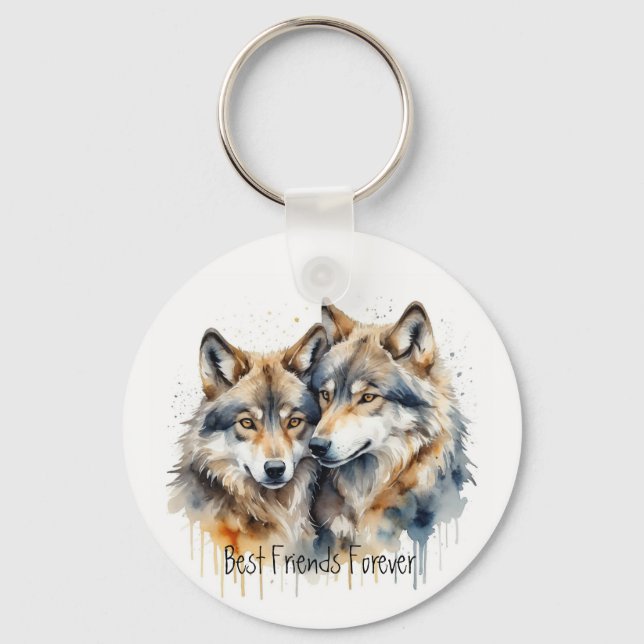 Cute Cuddling Wolves Best Friends Forever, BFF, Key Ring (Front)