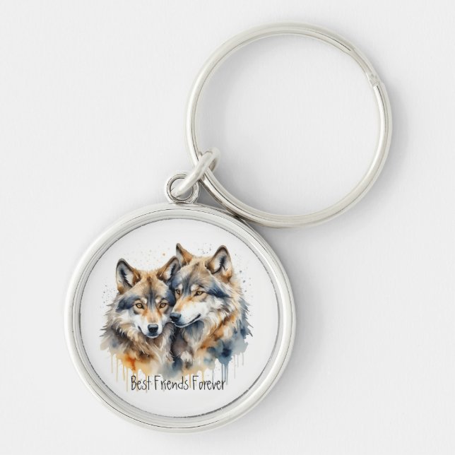 Cute Cuddling Wolves Best Friends Forever, BFF, Key Ring (Front)