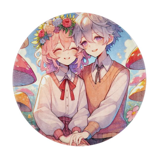 Cute Cuddly Anime Couple Cutting Board (Front)