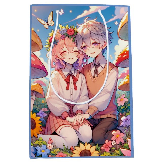 Cute Cuddly Anime Couple Whimsical Romantic Medium Gift Bag (Front)