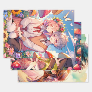 Cute Cuddly Anime Couple Whimsical Romantic Wrapping Paper Sheet