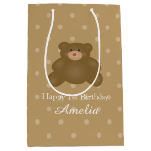 Cute Cuddly Brown Teddy Bear Baby Girl Birthday Medium Gift Bag