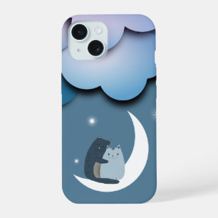 Cute Cuddly Cats on the Moon iPhone 15 Case