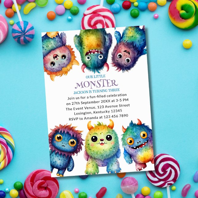 Cute Cuddly Colourful Little Monsters Kids Birthda Invitation (Creator Uploaded)