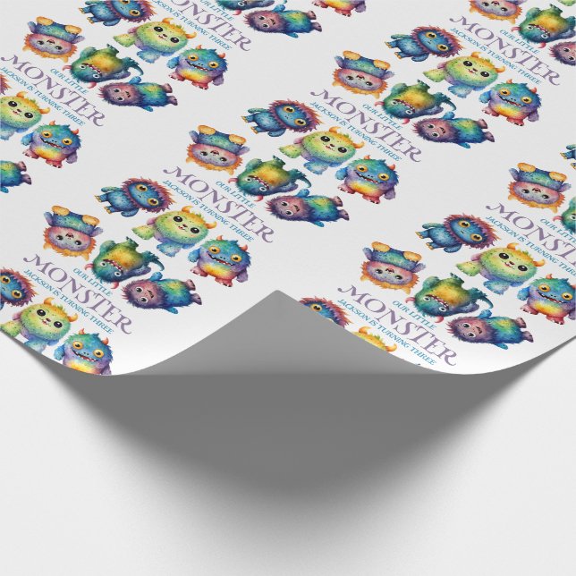 Cute Cuddly Colourful Little Monsters Kids Birthda Wrapping Paper (Corner)