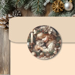 Cute Cuddly Kitten Christmas Classic Round Sticker<br><div class="desc">Cute old-fashioned vintage Christmas stickers. A little girl holding a kitten on a Christmas eve night.</div>