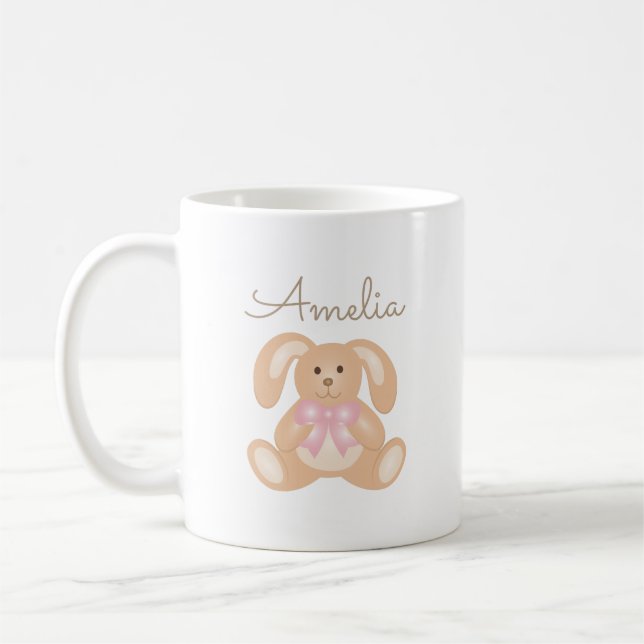 Cute Cuddly Pink Ribbon Bunny Rabbit Add Your Name Coffee Mug (Left)