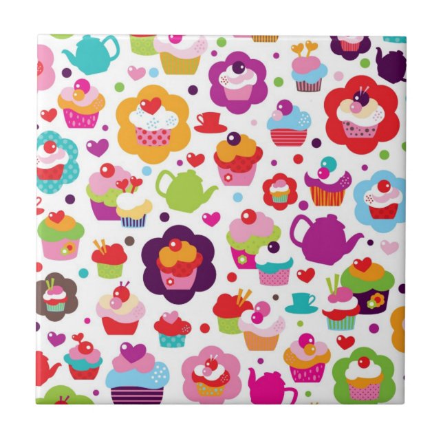 Cute cup cake and tea pot ceramic tile (Front)