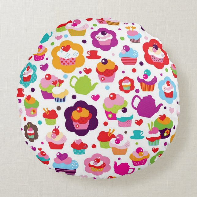 Cute cup cake and tea pot round cushion (Front)