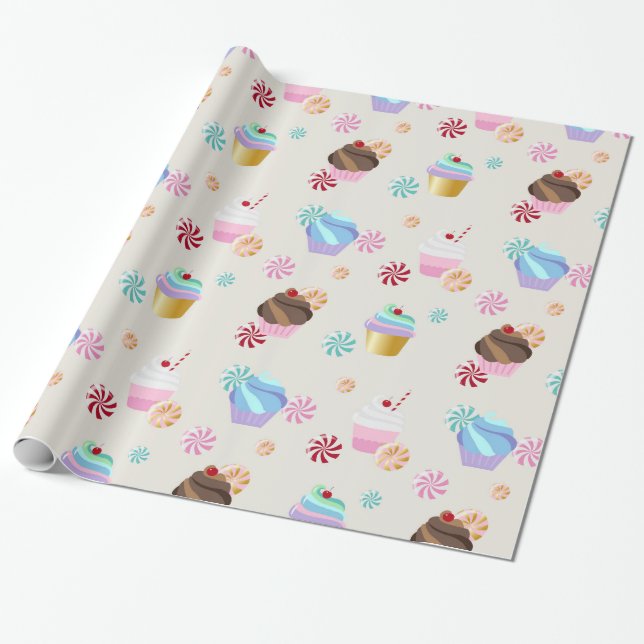 Cute Cupcake and Candy Pattern for Birthday Party Wrapping Paper (Unrolled)