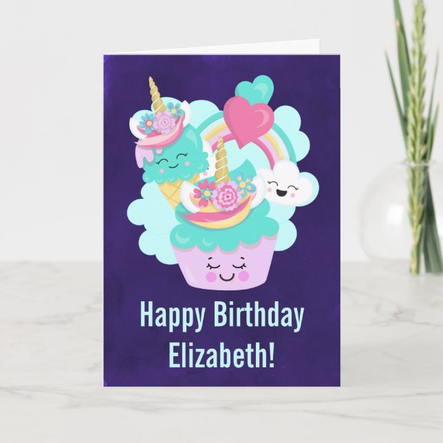 Cute Cupcake and Happy Ice Cream Birthday Card (Front)