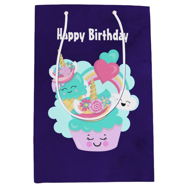 Cute Cupcake and Happy Ice Cream Birthday Medium Gift Bag (Front)