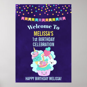 Cute Cupcake and Happy Ice Cream Birthday Poster